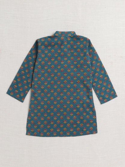 Floral Printed Mandarin Collar Full Sleeves Kurta And Pant Set-Teal