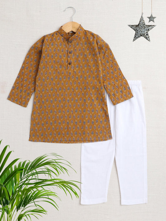 Floral Printed Mandarin Collar Full Sleeves Kurta And Pant Set-Mustered
