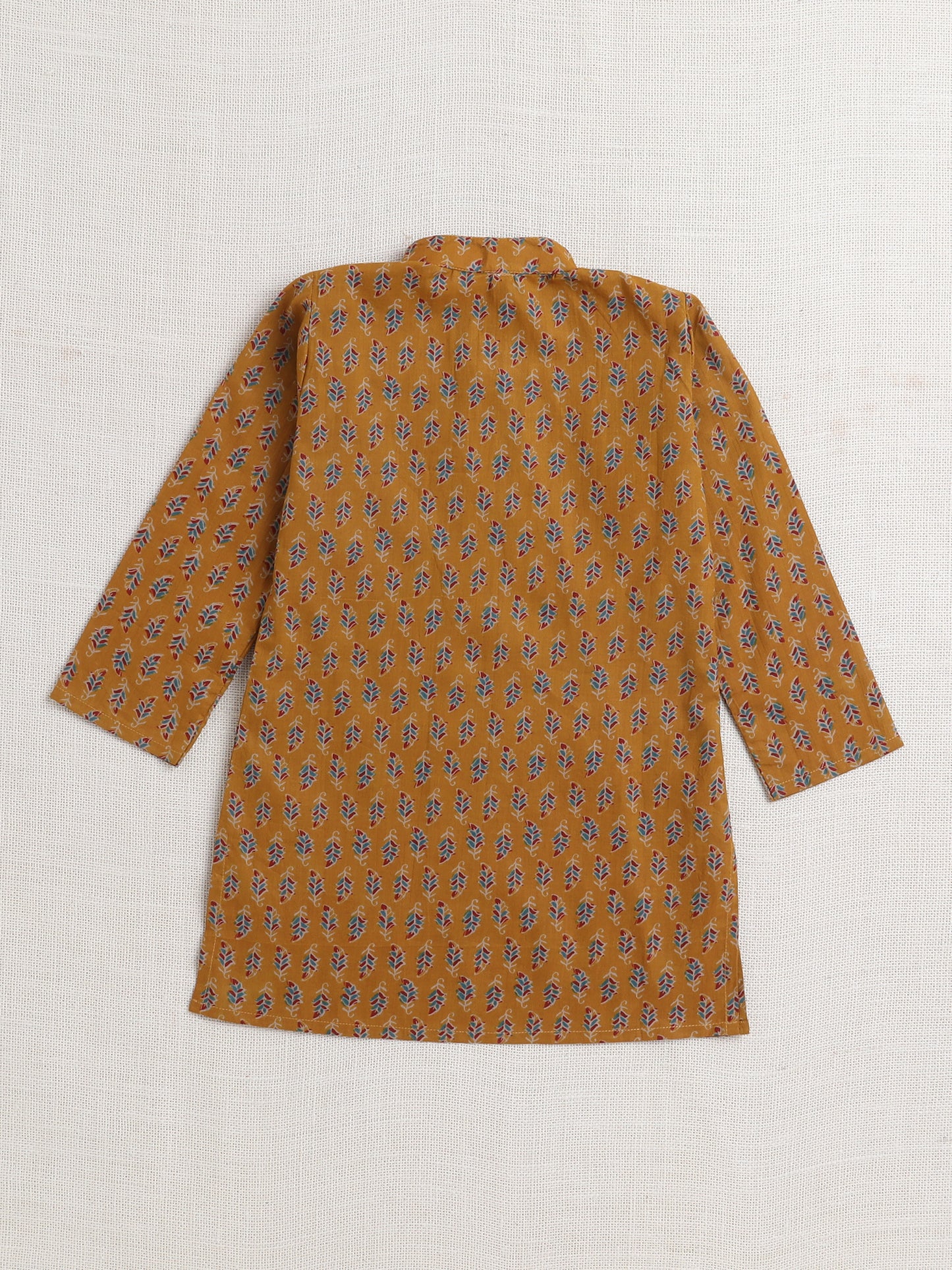 Floral Printed Mandarin Collar Full Sleeves Kurta And Pant Set-Mustered