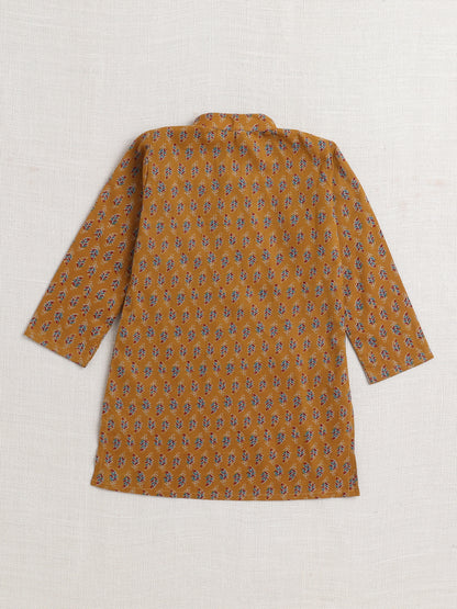 Floral Printed Mandarin Collar Full Sleeves Kurta And Pant Set-Mustered