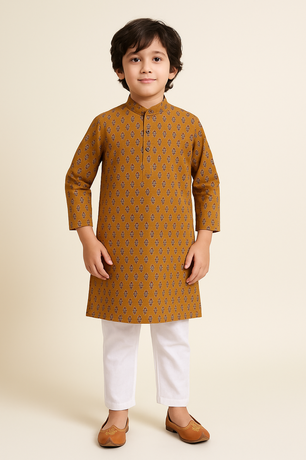 Floral Printed Mandarin Collar Full Sleeves Kurta And Pant Set-Mustard