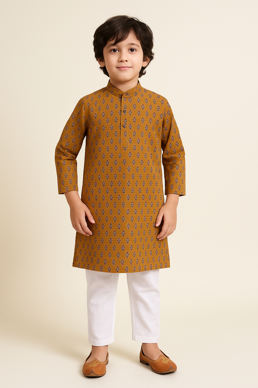 Floral Printed Mandarin Collar Full Sleeves Kurta And Pant Set-Mustard