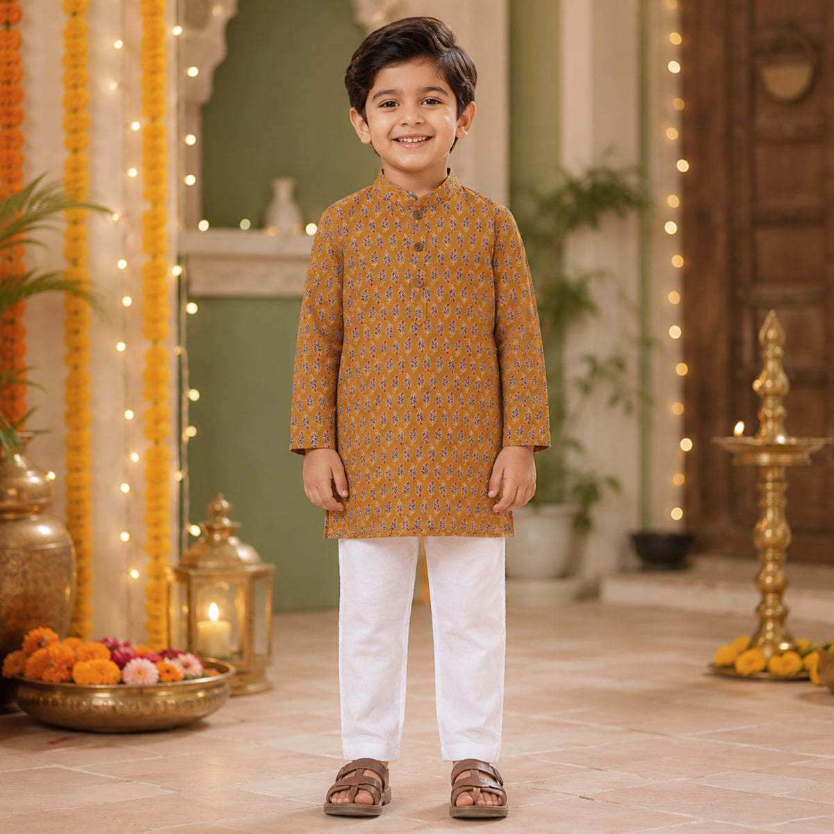 Floral Printed Mandarin Collar Full Sleeves Kurta And Pant Set-Mustard