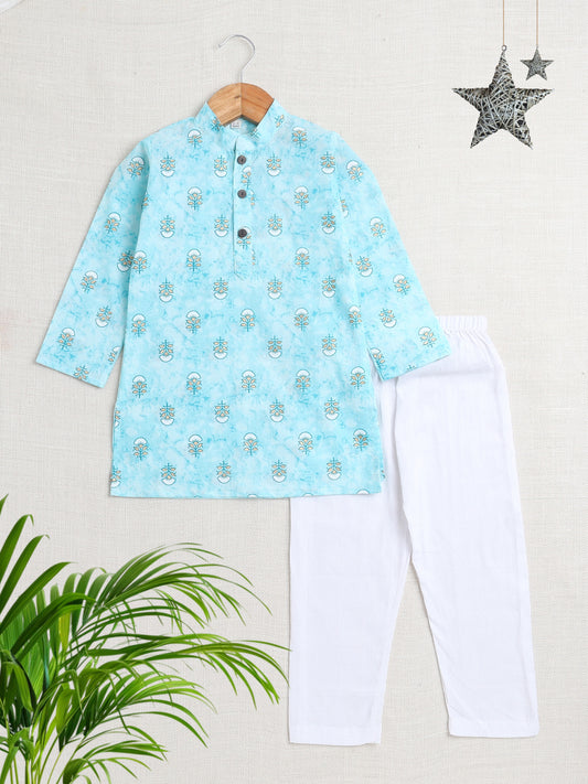 Floral Printed Mandarin Collar Full Sleeves Kurta And Pant Set-Blue