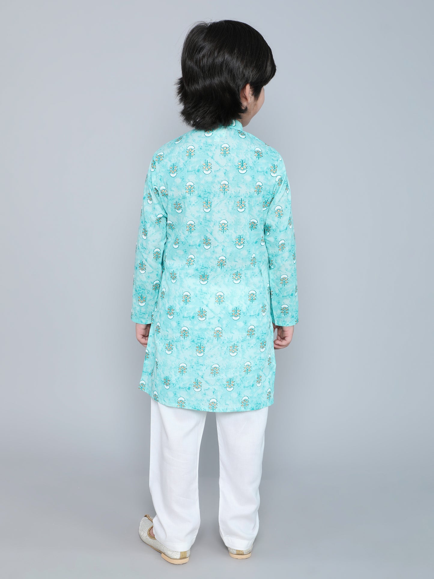 Floral Printed Mandarin Collar Full Sleeves Kurta And Pant Set-Blue