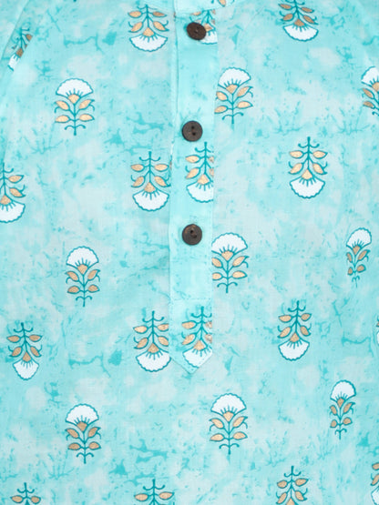 Floral Printed Mandarin Collar Full Sleeves Kurta And Pant Set-Blue