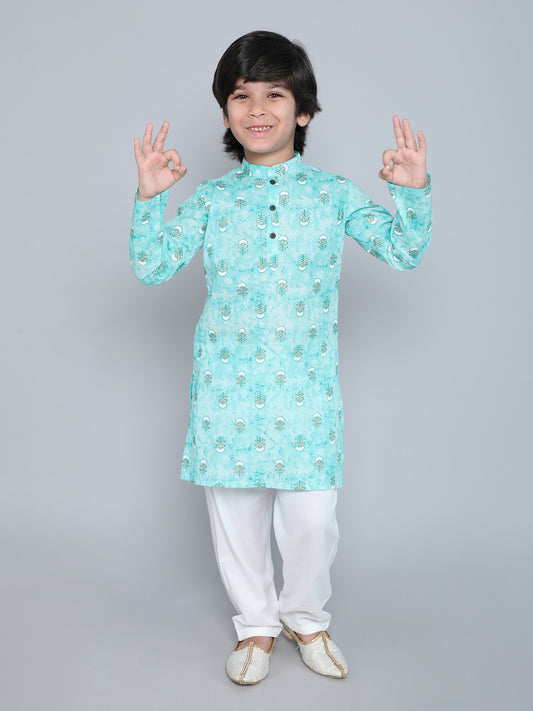Floral Printed Mandarin Collar Full Sleeves Kurta And Pant Set-Blue