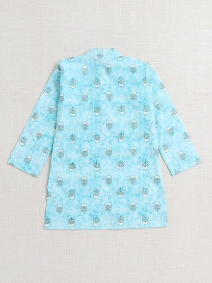 Floral Printed Mandarin Collar Full Sleeves Kurta And Pant Set-Blue