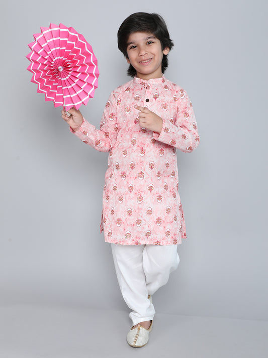 Floral Printed Full Sleeves Mandarin Collar Kurta Pyjama Set-Pink