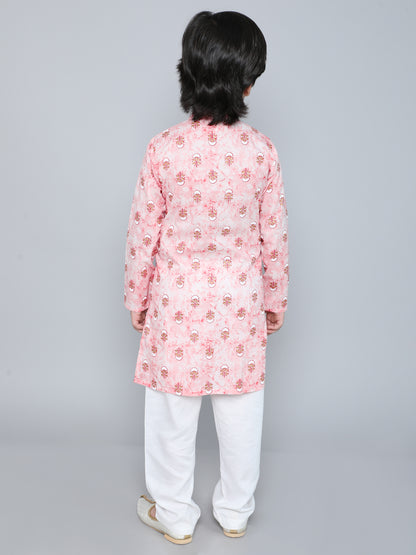 Floral Printed Full Sleeves Mandarin Collar Kurta Pyjama Set-Pink
