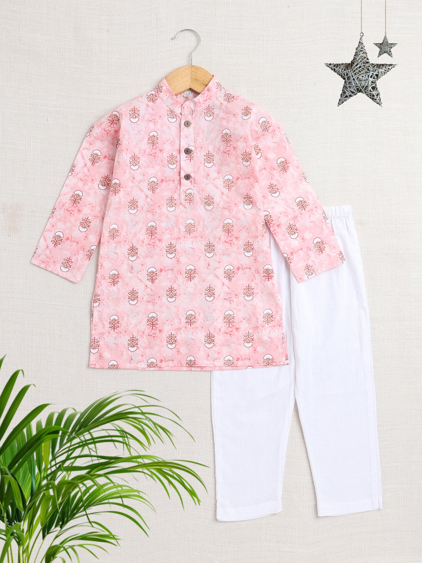 Floral Printed Full Sleeves Mandarin Collar Kurta Pyjama Set-Pink