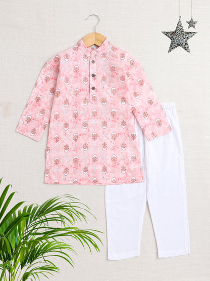 Floral Printed Full Sleeves Mandarin Collar Kurta Pyjama Set-Pink
