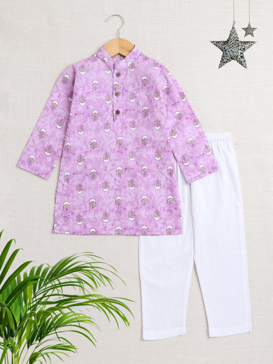 Floral Printed Mandarin Collar Full Sleeves Kurta And Pant Set-Purple