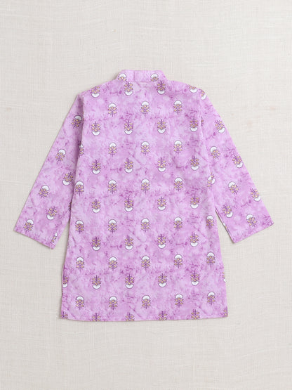 Floral Printed Mandarin Collar Full Sleeves Kurta And Pant Set-Purple