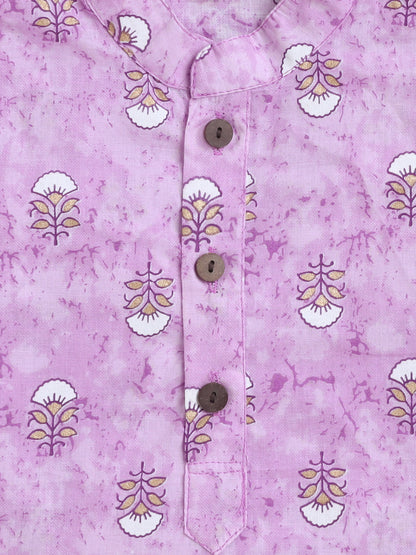 Floral Printed Mandarin Collar Full Sleeves Kurta And Pant Set-Purple