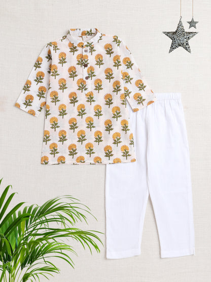 Floral Printed Mandarin Collar Full Sleeves Kurta And Pant Set-Yellow