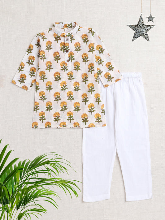 Floral Printed Mandarin Collar Full Sleeves Kurta And Pant Set-Yellow