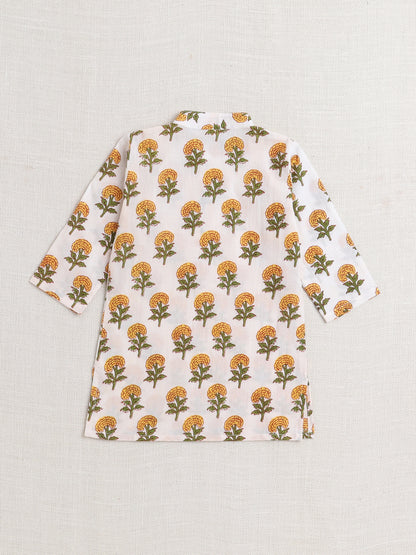 Floral Printed Mandarin Collar Full Sleeves Kurta And Pant Set-Yellow