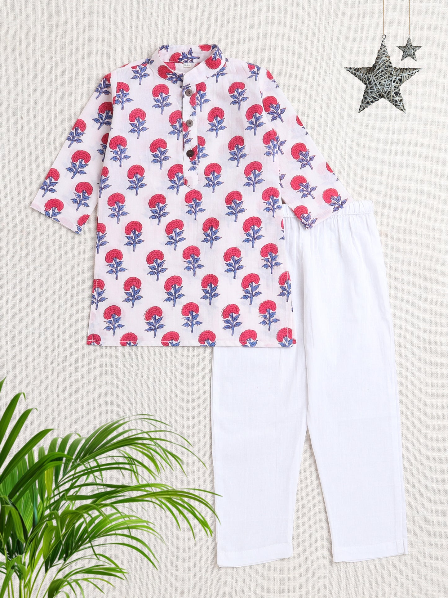 Floral Printed Mandarin Collar Full Sleeves Kurta Pyjama Set-Pink