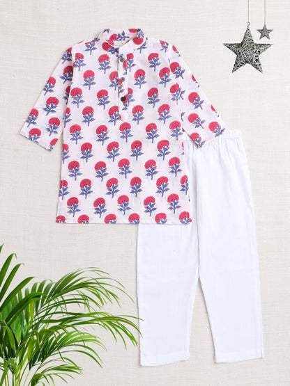 Floral Printed Mandarin Collar Full Sleeves Kurta Pyjama Set-Pink