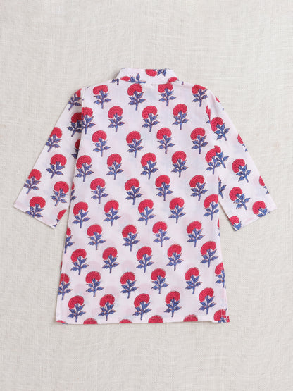 Floral Printed Mandarin Collar Full Sleeves Kurta Pyjama Set-Pink