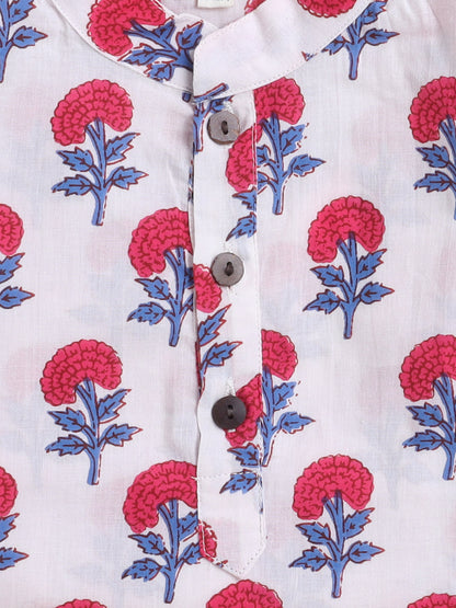 Floral Printed Mandarin Collar Full Sleeves Kurta Pyjama Set-Pink