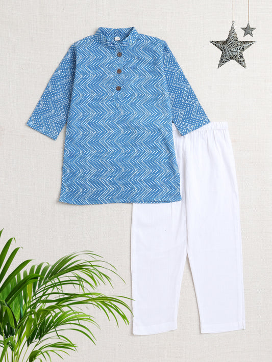 Zig Zag Printed Mandarin Collar Full Sleeves Kurta And Pant Set-Blue