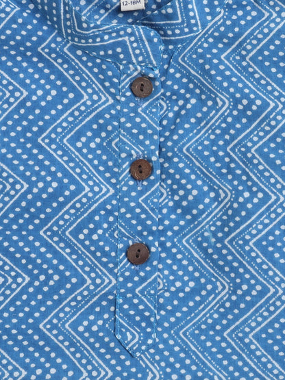 Zig Zag Printed Mandarin Collar Full Sleeves Kurta And Pant Set-Blue