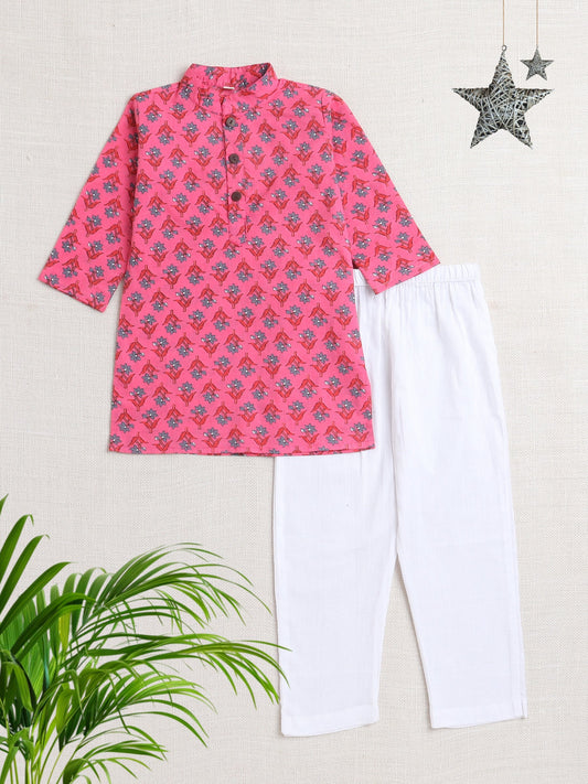 The Magic Wand Floral Printed Mandarin Collar Full Sleeves Kurta And Pant Set-Pink