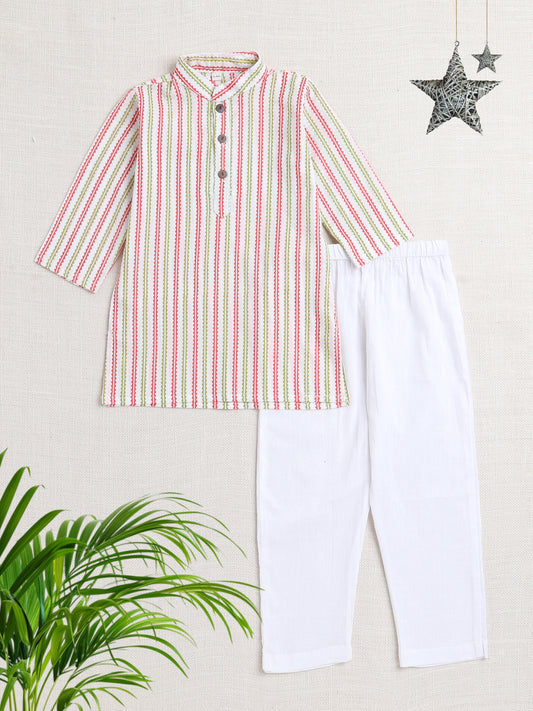Stripes Printed Mandarin Collar Full Sleeves Kurta And Pant Set-Peach