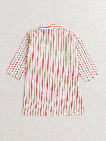 Stripes Printed Mandarin Collar Full Sleeves Kurta And Pant Set-Peach