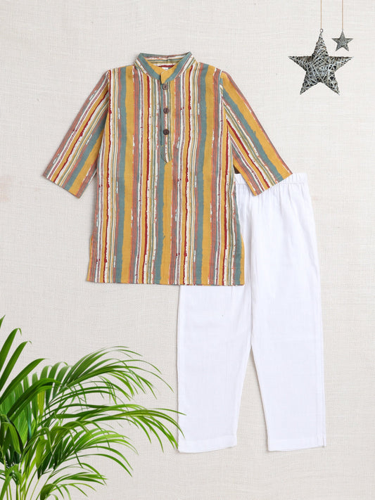 The Magic Wand Stripes Printed Mandarin Collar Full Sleeves Kurta And Pant Set-Yellow