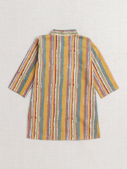 The Magic Wand Stripes Printed Mandarin Collar Full Sleeves Kurta And Pant Set-Yellow