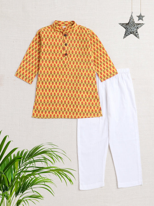 Full Sleeves Floral Printed  Kurta Set-Yellow
