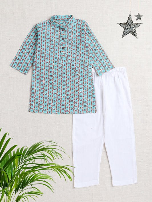 Floral Printed Mandarin Collar Full Sleeves Kurta And Pant Set-Teal Blue