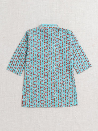 Floral Printed Mandarin Collar Full Sleeves Kurta And Pant Set-Teal Blue