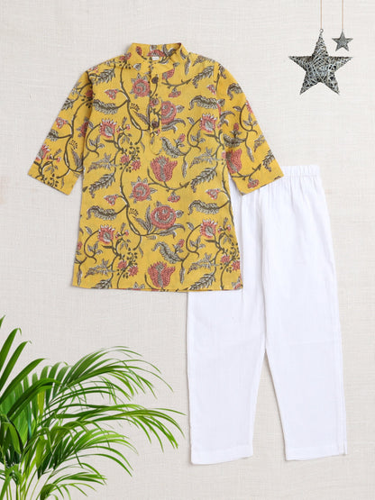 The Magic Wand Floral Printed Mandarin Collar Full Sleeves Kurta And Pant Set-Yellow
