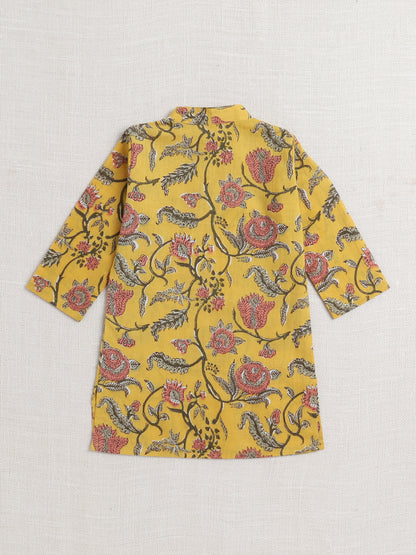 The Magic Wand Floral Printed Mandarin Collar Full Sleeves Kurta And Pant Set-Yellow