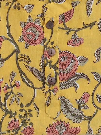 The Magic Wand Floral Printed Mandarin Collar Full Sleeves Kurta And Pant Set-Yellow