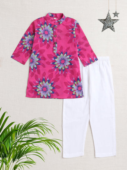 Floral Printed Mandarin Collar Full Sleeves Kurta And Pant Set-Fuchsia