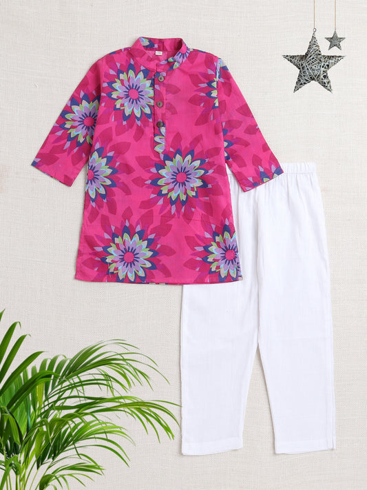 Floral Printed Mandarin Collar Full Sleeves Kurta And Pant Set-Fuchsia
