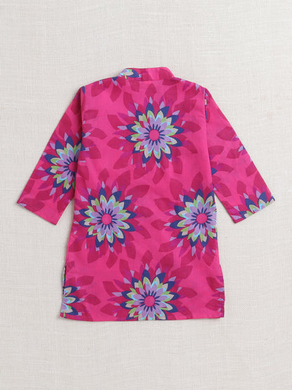 Floral Printed Mandarin Collar Full Sleeves Kurta And Pant Set-Fuchsia