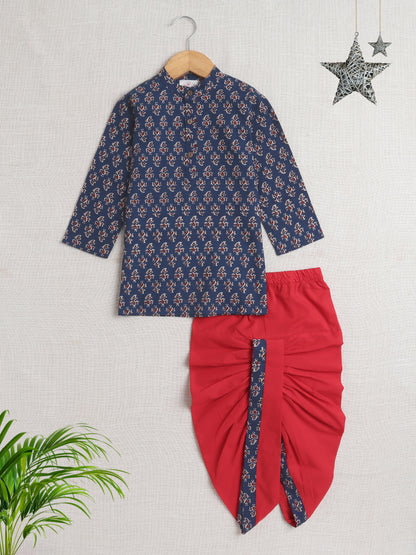 Full Sleeves Floral Print Dhoti Kurta Set-Navy Blue