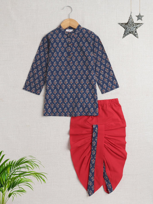 Full Sleeves Floral Print Dhoti Kurta Set-Navy Blue