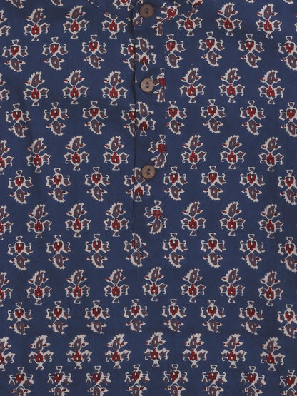 Full Sleeves Floral Print Dhoti Kurta Set-Navy Blue