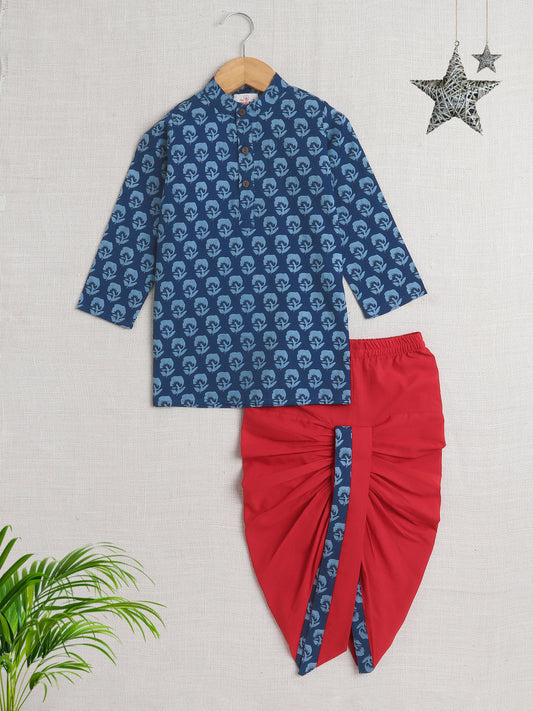 Floral Print Full Sleeves Dhoti Kurta Set- Navy Blue