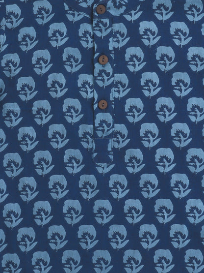 Floral Print Full Sleeves Dhoti Kurta Set- Navy Blue