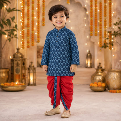 Floral Print Full Sleeves Dhoti Kurta Set- Navy Blue