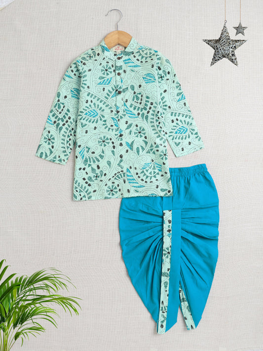 Full Sleeves Floral Print Dhoti Kurta Set- Blue