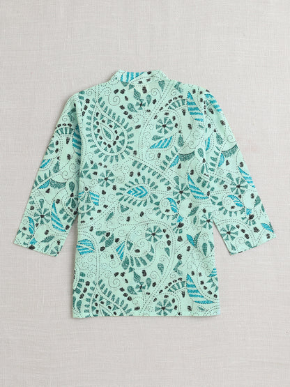 Full Sleeves Floral Print Dhoti Kurta Set- Blue